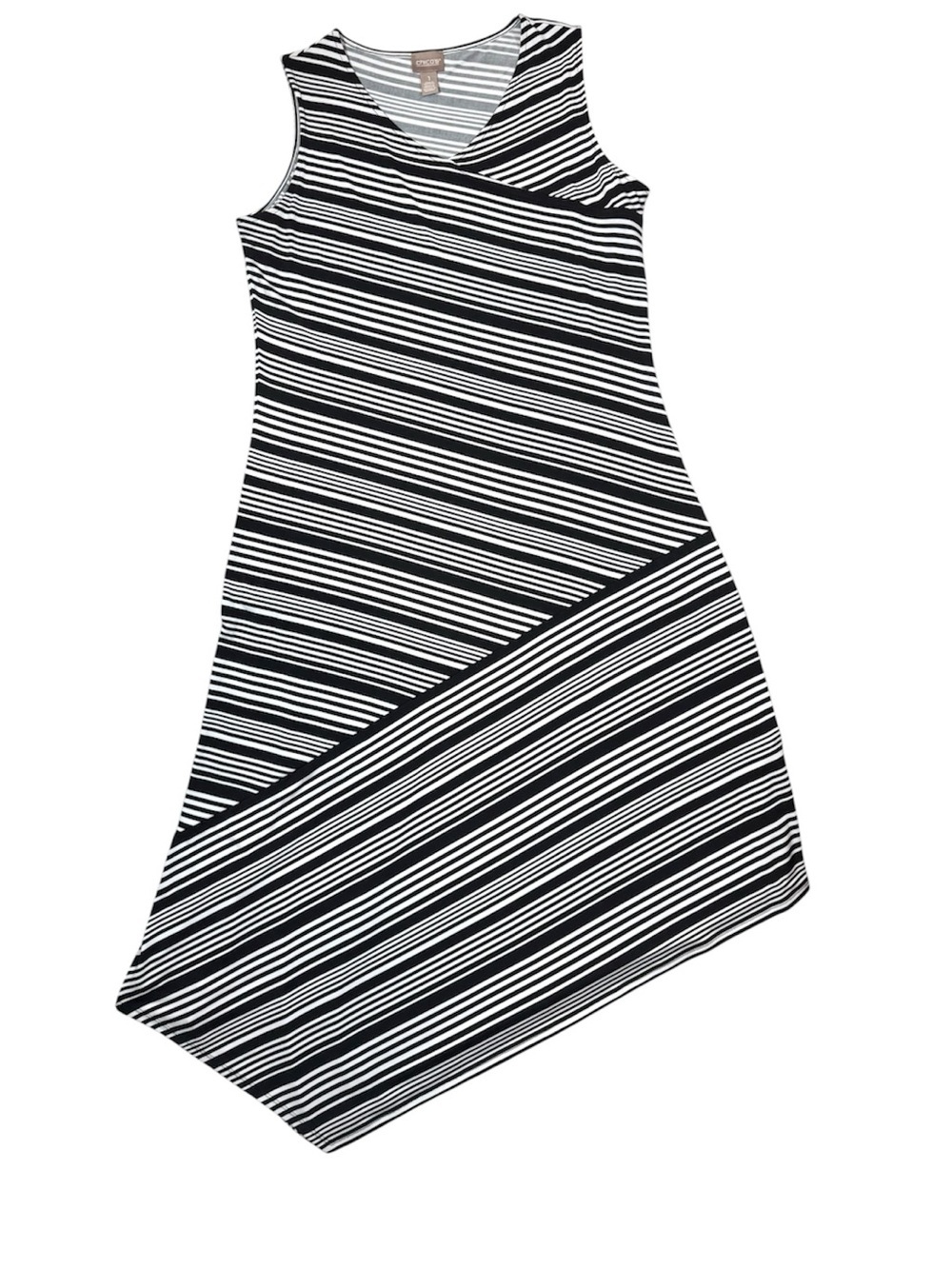 Chico’s Striped Asymmetrical Midi Dress Sleeveless Black White Size 1 US 8 - Picture 1 of 5